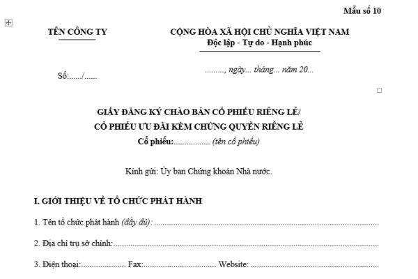 Mẫu giấy đăng ký chào bán cổ phiếu ưu đãi kèm chứng quyền riêng lẻ là mẫu nào? Tải về ở đâu? Thành phần hồ sơ đăng ký chào bán?