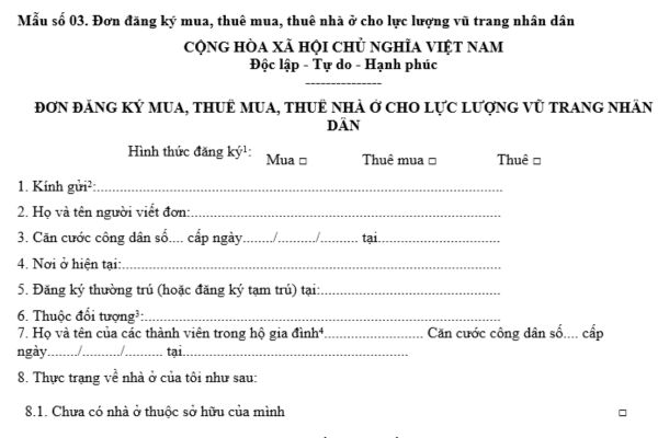 Tải về mẫu Đơn đăng ký mua nhà ở cho lực lượng vũ trang nhân dân được xây dựng không bằng vốn đầu tư công mới nhất? 