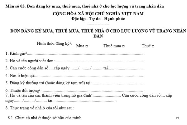 Mẫu Đơn đăng ký thuê nhà ở cho lực lượng vũ trang nhân dân theo Nghị định 100 là mẫu nào? Tải về ở đâu? 