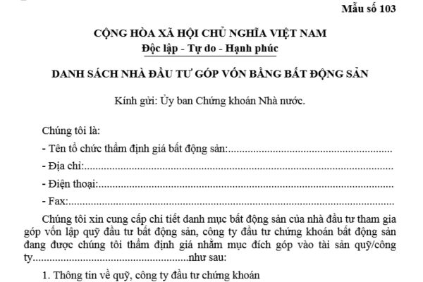 Mẫu Danh sách nhà đầu tư góp vốn bằng bất động sản của quỹ đầu tư chứng khoán bất động sản là mẫu nào?