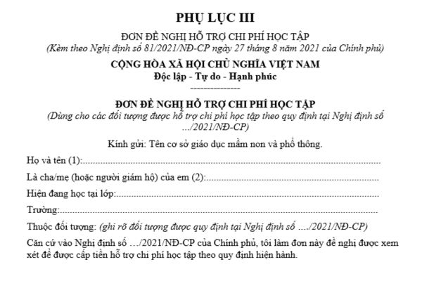 Mẫu đơn đề nghị hỗ trợ chi phí học tập mới nhất dành cho học sinh? Điều kiện được hỗ trợ chi phí học tập?