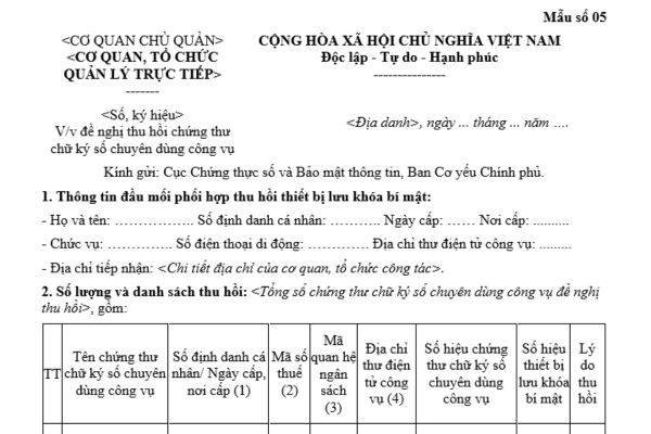 Mẫu Văn bản đề nghị thu hồi chứng thư chữ ký số chuyên dùng công vụ mới nhất theo Nghị định 68 là mẫu nào?