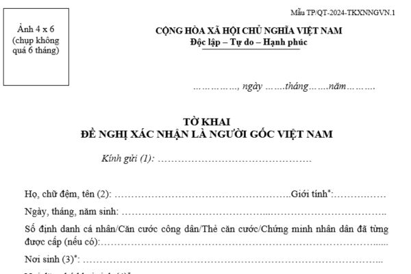 Mẫu tờ khai đề nghị xác nhận là người gốc Việt Nam mới nhất theo Thông tư 04? Tải về ở đâu? Hướng dẫn ghi tờ khai?