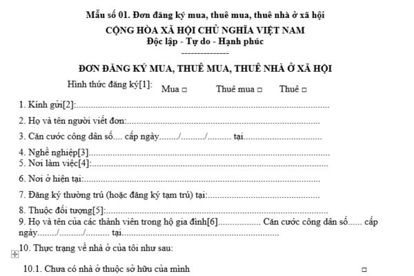 Mẫu Đơn đăng ký thuê mua nhà ở xã hội theo quy định mới nhất là mẫu nào? Tải về ở đâu? Thời gian giải quyết việc cho thuê mua?