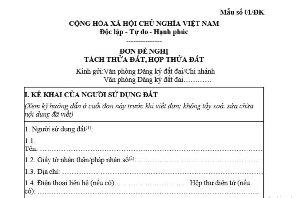 Mẫu Đơn đề nghị hợp thửa đất kèm Mẫu Bản vẽ hợp thửa đất mới nhất theo Nghị định 101 là mẫu nào? 