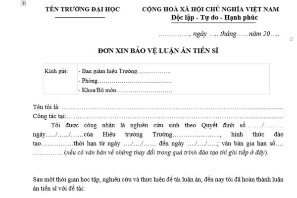 Mẫu Đơn xin bảo vệ luận án tiến sĩ mới nhất? Tải file word Đơn xin bảo vệ luận án tiến sĩ ở đâu?