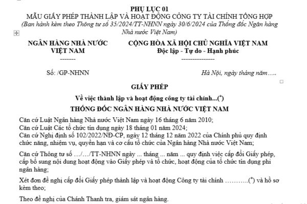 Mẫu giấy phép thành lập và hoạt động công ty tài chính tổng hợp theo quy định mới nhất là mẫu nào?