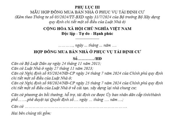 Mẫu hợp đồng mua bán nhà ở phục vụ tái định cư mới nhất là mẫu nào? Tải về ở đâu? Điều kiện mua nhà đối với hộ gia đình bị thu hồi đất ở?