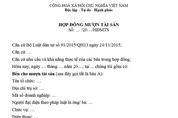 Mẫu hợp đồng mượn tài sản mới nhất? Tải file word mẫu hợp đồng mượn tài sản? Đối tượng của hợp đồng mượn tài sản?