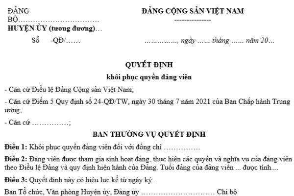 Mẫu quyết định khôi phục quyền đảng viên mới nhất? Nhận lỗi thay cho người khác dẫn đến bị kỷ luật oan có được khôi phục quyền đảng viên?