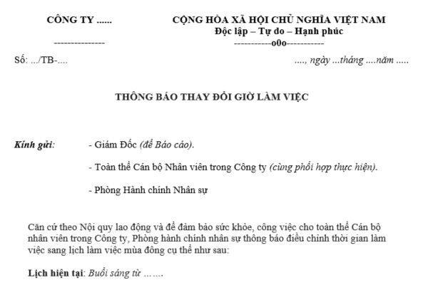 Mẫu thông báo thay đổi thời giờ làm việc? File Word mẫu thông báo thay đổi thời giờ làm việc? Tải mẫu ở đâu?