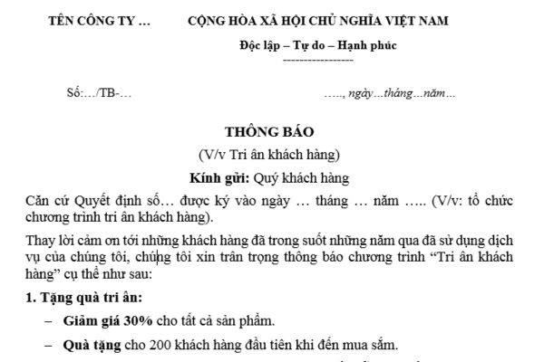 Mẫu thông báo chương trình tri ân khách hàng chuyên nghiệp, ấn tượng? Tải mẫu thông báo này ở đâu?