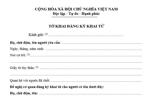 Mẫu tờ khai đăng ký khai tử theo quy định mới nhất là mẫu nào? Có thể tải về ở đâu? Hướng dẫn ghi chi tiết?