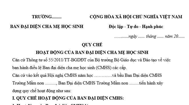 Mẫu Quy chế hoạt động của Ban đại diện cha mẹ học sinh cho các cấp học mới nhất là mẫu nào? Tải về?