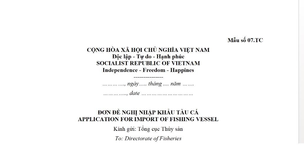 Mẫu đơn đề nghị nhập khẩu tàu cá đươc quy định như thế nào?