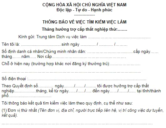 Mẫu thông báo tìm kiếm việc làm hàng tháng mới nhất người nhận trợ cấp thất nghiệp