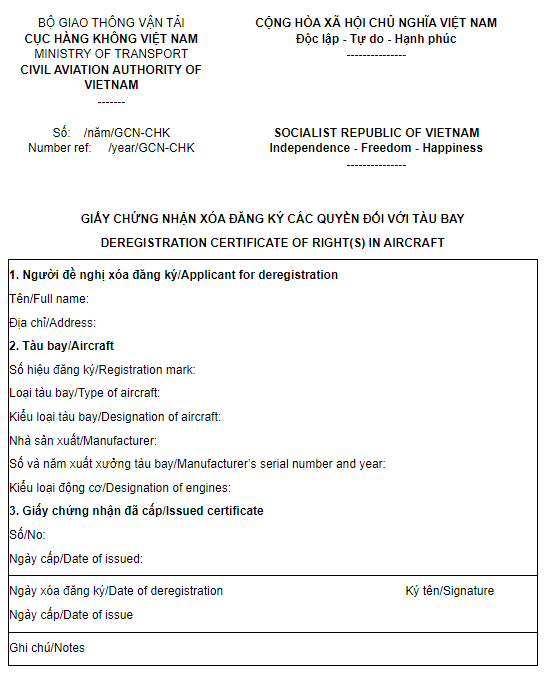 Giấy chứng nhận xóa đăng ký quyền sở hữu tàu bay