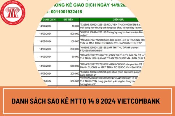 Danh sách sao kê MTTQ 14 9 2024 Vietcombank?