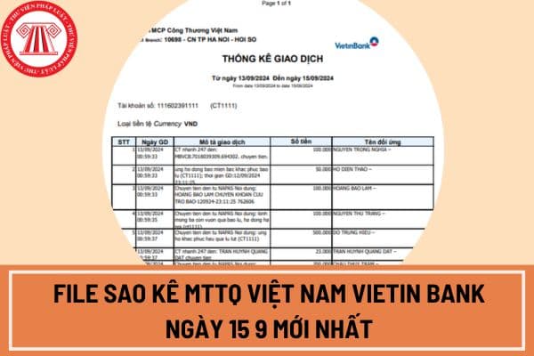 File sao kê MTTQ Việt Nam Vietin Bank ngày 15 9 mới nhất