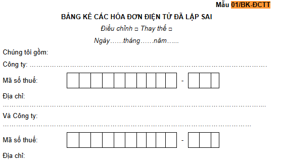 bảng kê các hóa đơn điện tử đã lập sai từ 01/6/2025