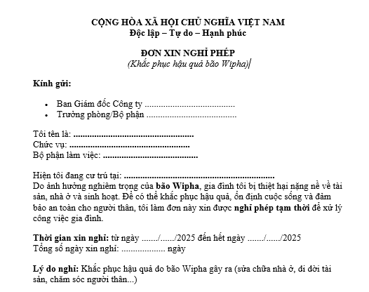 Mẫu đơn xin nghỉ phép khắc phục hậu quả bão Wipha dành cho người lao động