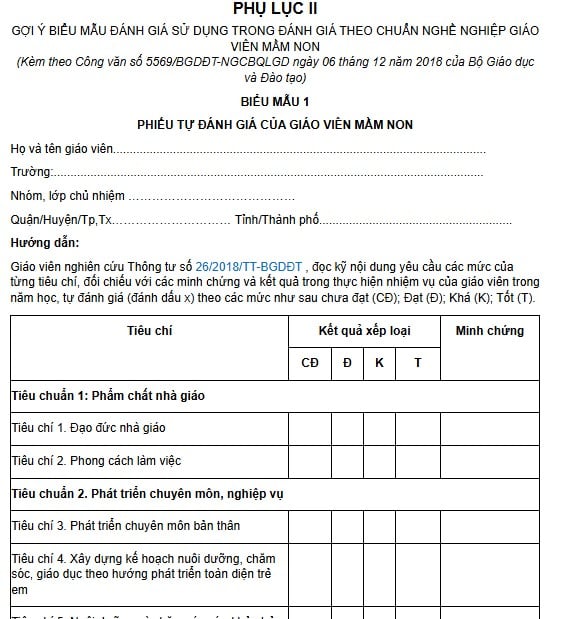 Mẫu phiếu đánh giá