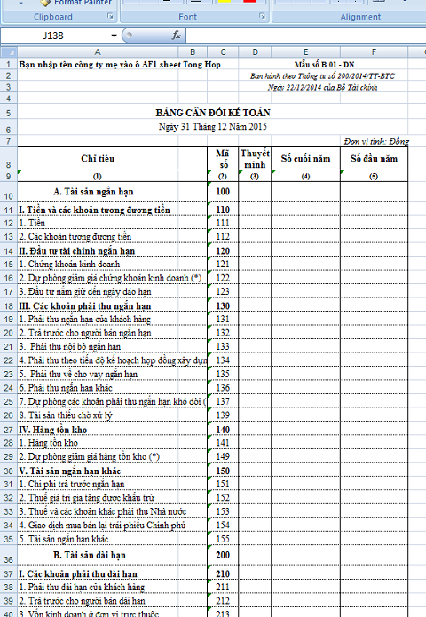 File Excel Báo Cáo Tài Chính Theo Thông Tư 200/2014/Tt-Btc