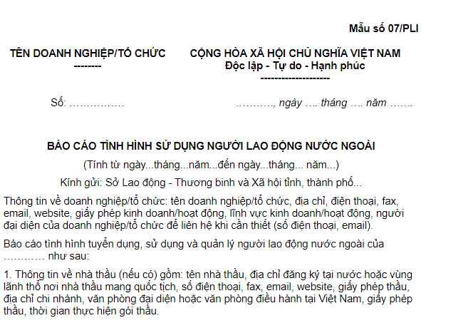 Mẫu Báo Cáo Tình Hình Sử Dụng Lao Động Người Nước Ngoài Năm 2021