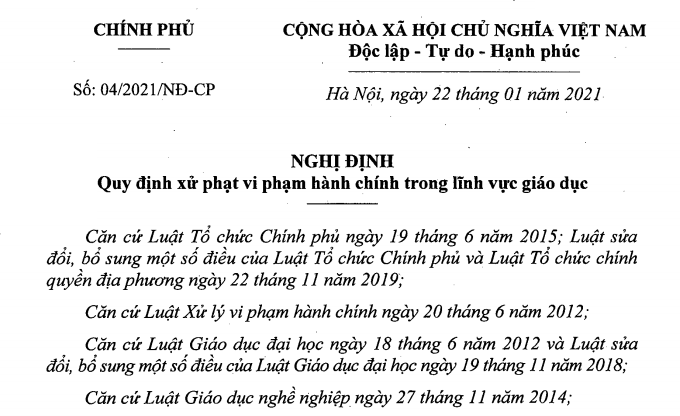 đa Co Nghị định 04 21 Về Xử Phạt Hanh Chinh Lĩnh Vực Giao Dục