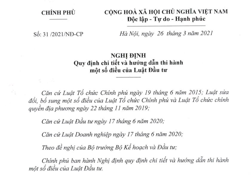 Đã Có Nghị Định 31/2021/Nđ-Cp Hướng Dẫn Luật Đầu Tư 2020