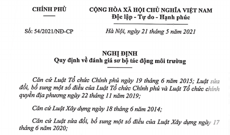 đa Co Nghị định 54 21 Về đanh Gia Sơ Bộ Tac động Moi Trường