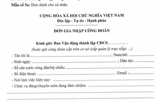 Mẫu số 5a Mẫu đơn xin gia nhập Công đoàn Việt Nam cho cá nhân theo Hướng dẫn 06 HD TLĐ? Tải file?
