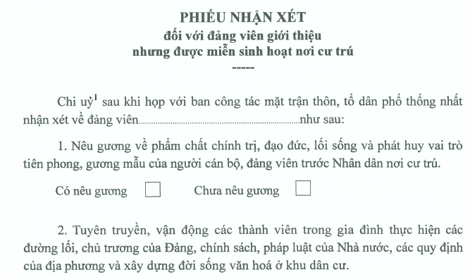 Phụ lục Quy định 221 QĐ TW 2026 Mẫu phiếu nhận xét đảng viên đang công tác nơi cư trú