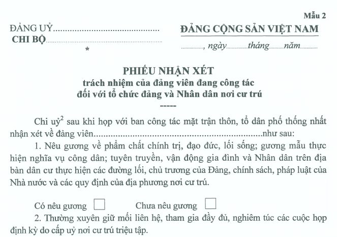 Phụ lục Quy định 221 QĐ TW 2026 Mẫu phiếu nhận xét đảng viên đang công tác nơi cư trú