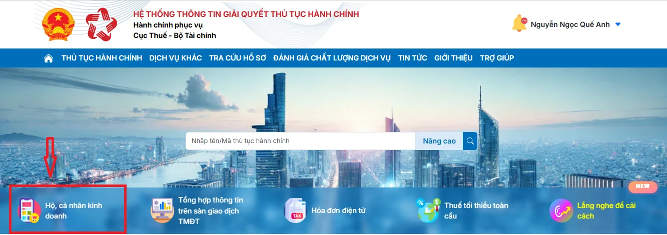 Thông báo số tài khoản hộ kinh doanh online trên Dichvucong gdt gov vn