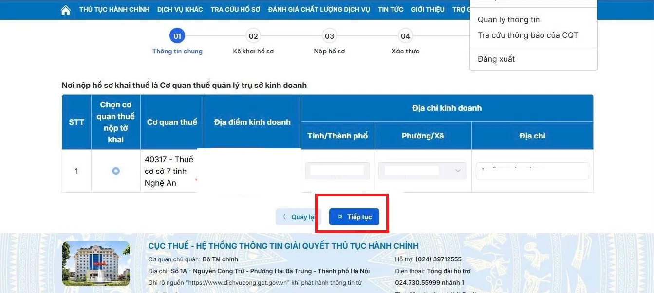 Thông báo số tài khoản hộ kinh doanh online trên Dichvucong gdt gov vn