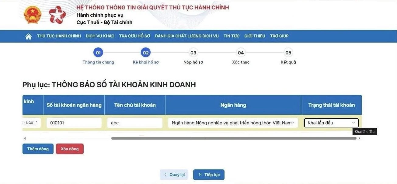 Thông báo số tài khoản hộ kinh doanh online trên Dichvucong gdt gov vn