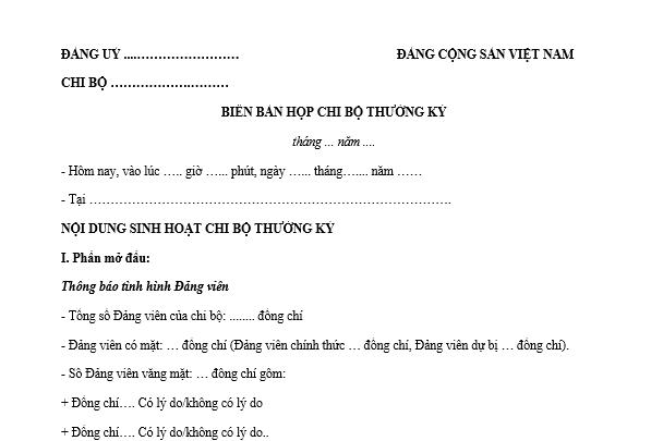 mẫu biên bản sinh hoạt chi bộ hàng tháng mới nhất 2026