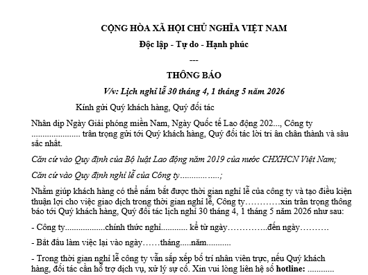 mẫu thông báo nghỉ lễ 30 4 1 5 cho khách hàng, đối tác