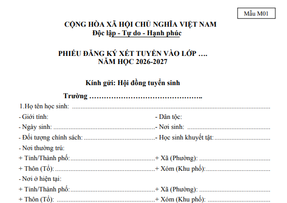 mẫu phiếu đăng ký tuyển sinh lớp 1, lớp 6 năm 2026-2027 tại Hà Nội