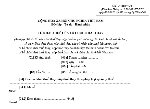 Mẫu số 01 TCKT Tờ khai nộp thuế thay chủ nhà mới nhất 2026