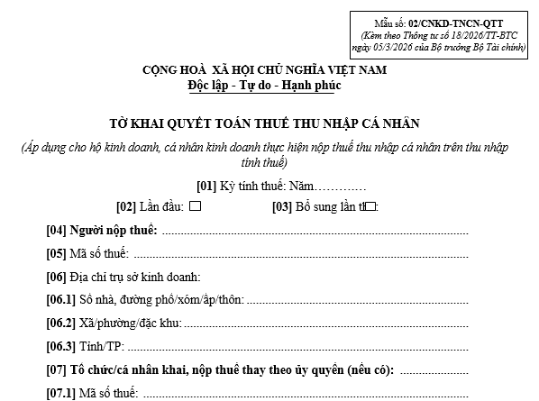 Mẫu 02 CNKD TNCN QTT Tờ khai quyết toán thuế thu nhập cá nhân mới nhất 2026