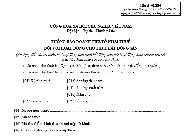 Mẫu tờ khai thuế cho thuê bất động sản mới nhất 2026