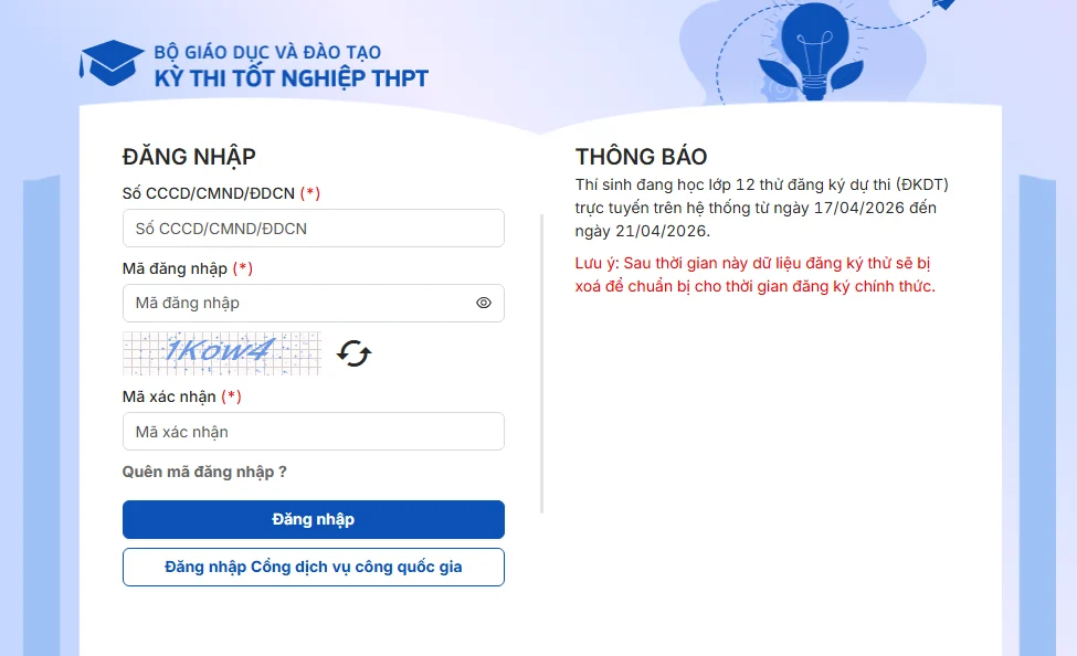 Quy trình đăng ký thi tốt nghiệp THPT 2026