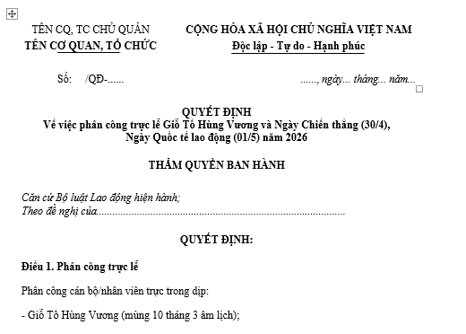 Mẫu bảng phân công trực lễ 30 4 và 1 5 năm 2026