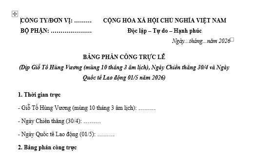ẫu bảng phân công trực lễ 30 4 và 1 5 năm 2026