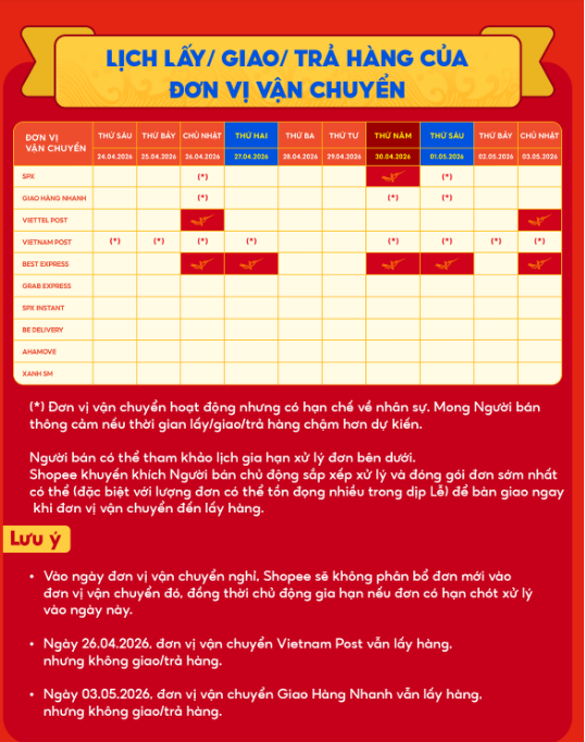 Lịch nghỉ lễ 30 4 1 5 Shopee năm 2026