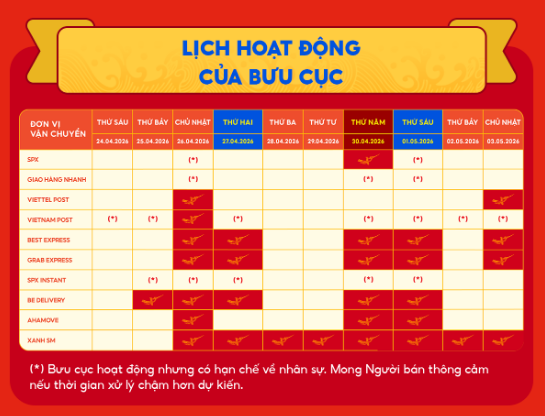 Lịch nghỉ lễ 30 4 1 5 Shopee năm 2026