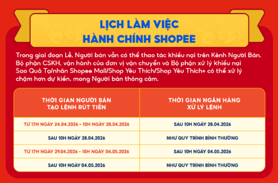 Lịch nghỉ lễ 30 4 1 5 Shopee năm 2026