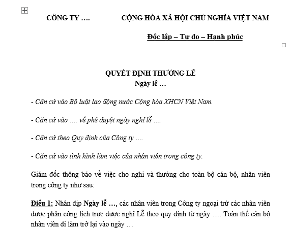Mẫu quyết định thưởng 30 4 và 1 5 năm 2026